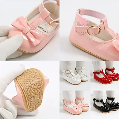 Myleleya Baby Girls Mary Jane Flats kamon shaklidagi gulli malika to'y libosi balet poyafzallari sirpanmaydigan chaqaloq birinchi qadam qo'yuvchilar yangi tug'ilgan krovat poyafzallari bilan - 6