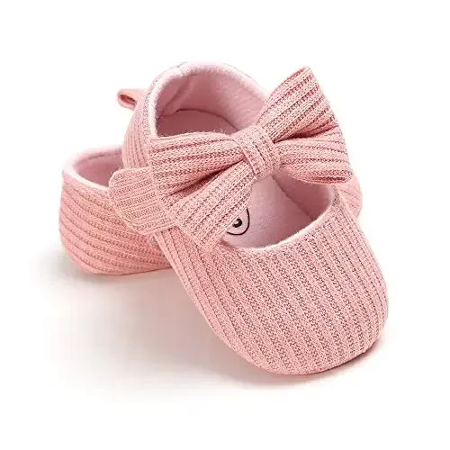 Myleleya Baby Girls Mary Jane Flats with Bowknot Flowers Princess Wedding Dress Ballet Shoes Non-Slip Toddler First Walkers Newborn Crib Shoes - 6