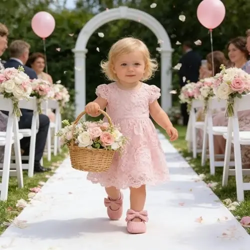 Myleleya Baby Girls Mary Jane Flats with Bowknot Flowers Princess Wedding Dress Ballet Shoes Non-Slip Toddler First Walkers Newborn Crib Shoes - 1