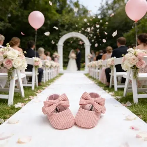 Myleleya Baby Girls Mary Jane Flats with Bowknot Flowers Princess Wedding Dress Ballet Shoes Non-Slip Toddler First Walkers Newborn Crib Shoes - MYLELEYA (1)