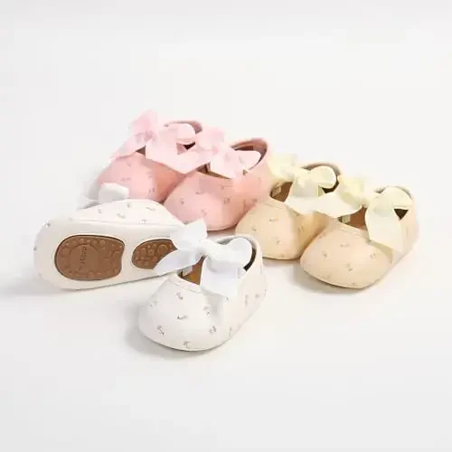 Myleleya Baby Girls Mary Jane Flats with Bowknot Flowers Princess Wedding Dress Ballet Shoes Non-Slip Toddler First Walkers Newborn Crib Shoes - 6
