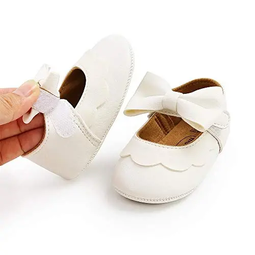 Myleleya Baby Girls Mary Jane Flats with Bowknot Flowers Princess Wedding Dress Ballet Shoes Non-Slip Toddler First Walkers Newborn Crib Shoes - 1