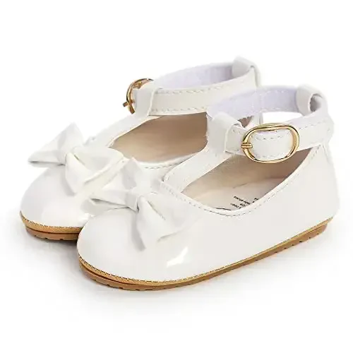 Myleleya Baby Girls Mary Jane Flats with Bowknot Flowers Princess Wedding Dress Ballet Shoes Non-Slip Toddler First Walkers Newborn Crib Shoes - 5
