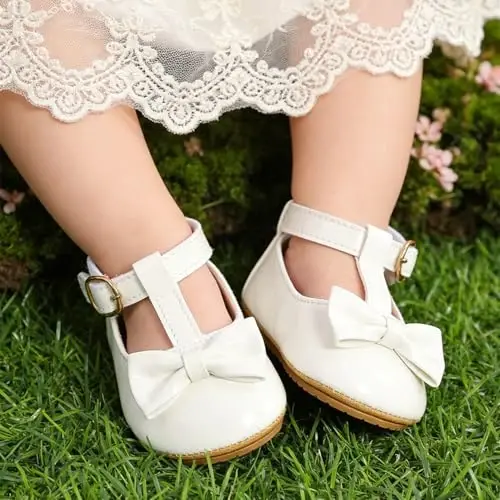 Myleleya Baby Girls Mary Jane Flats with Bowknot Flowers Princess Wedding Dress Ballet Shoes Non-Slip Toddler First Walkers Newborn Crib Shoes - MYLELEYA (1)
