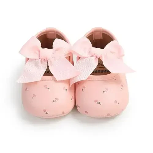 Myleleya Baby Girls Mary Jane Flats with Bowknot Flowers Princess Wedding Dress Ballet Shoes Non-Slip Toddler First Walkers Newborn Crib Shoes - 1