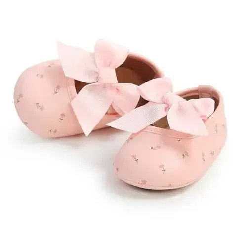 Myleleya Baby Girls Mary Jane Flats with Bowknot Flowers Princess Wedding Dress Ballet Shoes Non-Slip Toddler First Walkers Newborn Crib Shoes - 3