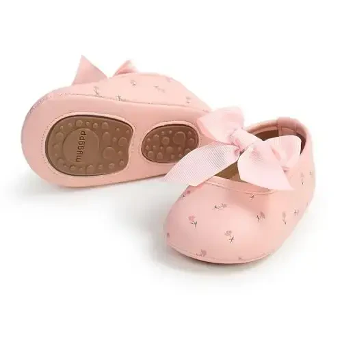 Myleleya Baby Girls Mary Jane Flats with Bowknot Flowers Princess Wedding Dress Ballet Shoes Non-Slip Toddler First Walkers Newborn Crib Shoes - 4