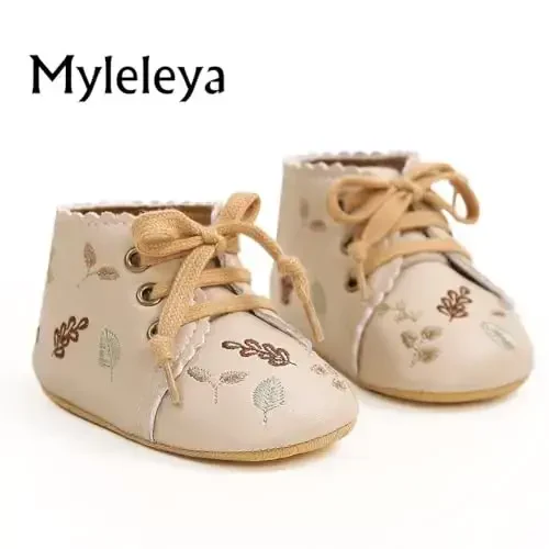 Myleleya Baby Girls Mary Jane Flats with Bowknot Flowers Princess Wedding Dress Ballet Shoes Non-Slip Toddler First Walkers Newborn Crib Shoes - 6