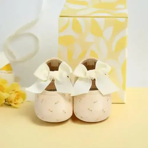 Myleleya Baby Girls Mary Jane Flats with Bowknot Flowers Princess Wedding Dress Ballet Shoes Non-Slip Toddler First Walkers Newborn Crib Shoes - 3