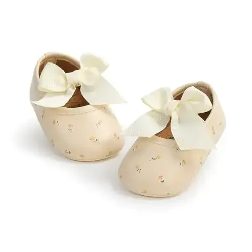 Myleleya Baby Girls Mary Jane Flats with Bowknot Flowers Princess Wedding Dress Ballet Shoes Non-Slip Toddler First Walkers Newborn Crib Shoes - 4