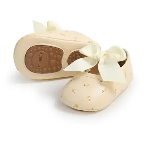 Myleleya Baby Girls Mary Jane Flats with Bowknot Flowers Princess Wedding Dress Ballet Shoes Non-Slip Toddler First Walkers Newborn Crib Shoes - 5