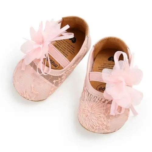 Myleleya Baby Girls Mary Jane Flats with Bowknot Flowers Princess Wedding Dress Ballet Shoes Non-Slip Toddler First Walkers Newborn Crib Shoes 