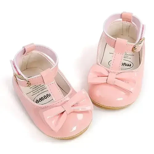 Myleleya Baby Girls Mary Jane Flats with Bowknot Flowers Princess Wedding Dress Ballet Shoes Non-Slip Toddler First Walkers Newborn Crib Shoes - 4