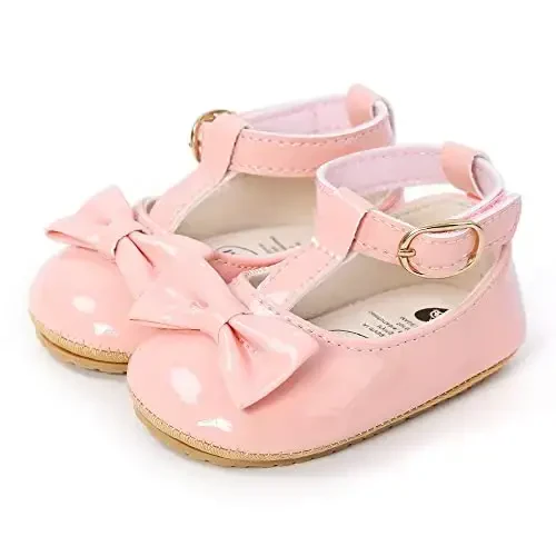 Myleleya Baby Girls Mary Jane Flats with Bowknot Flowers Princess Wedding Dress Ballet Shoes Non-Slip Toddler First Walkers Newborn Crib Shoes - 5