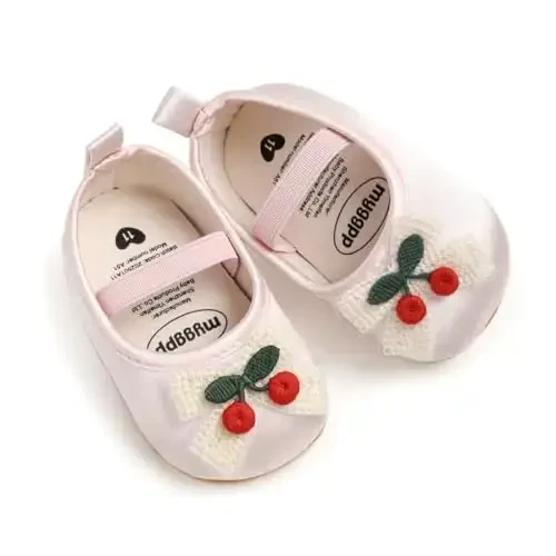 Myleleya Baby Girls Mary Jane Flats with Bowknot Flowers Princess Wedding Dress Ballet Shoes Non-Slip Toddler First Walkers Newborn Crib Shoes - 6