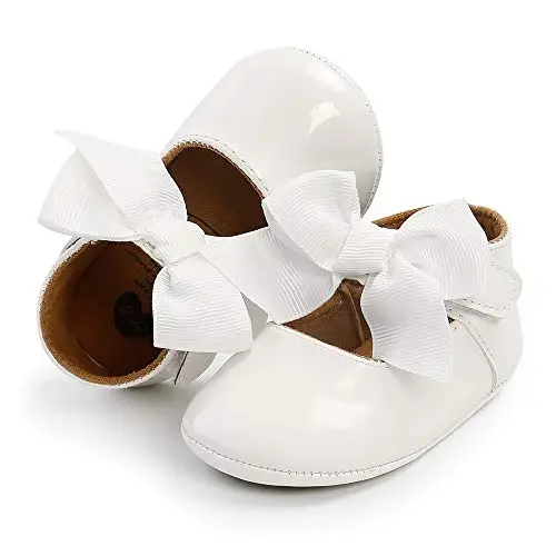 Myleleya Baby Girls Mary Jane Flats with Bowknot Flowers Princess Wedding Dress Ballet Shoes Non-Slip Toddler First Walkers Newborn Crib Shoes - 5