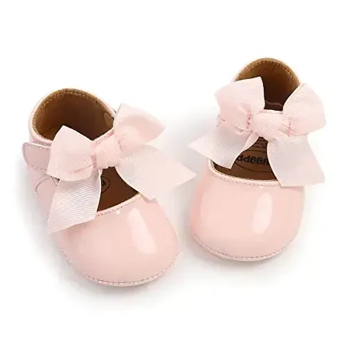 Myleleya Baby Girls Mary Jane Flats with Bowknot Flowers Princess Wedding Dress Ballet Shoes Non-Slip Toddler First Walkers Newborn Crib Shoes - 1