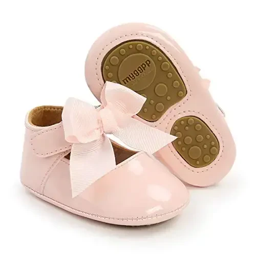 Myleleya Baby Girls Mary Jane Flats with Bowknot Flowers Princess Wedding Dress Ballet Shoes Non-Slip Toddler First Walkers Newborn Crib Shoes - 5