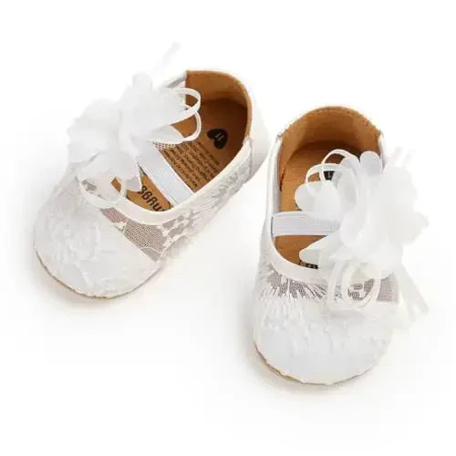 Myleleya Baby Girls Mary Jane Flats with Bowknot Flowers Princess Wedding Dress Ballet Shoes Non-Slip Toddler First Walkers Newborn Crib Shoes 