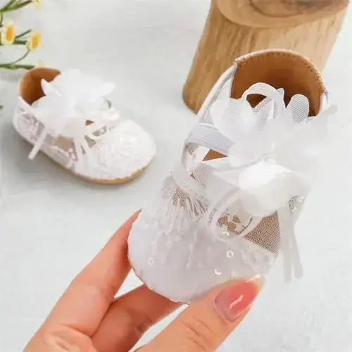 Myleleya Baby Girls Mary Jane Flats with Bowknot Flowers Princess Wedding Dress Ballet Shoes Non-Slip Toddler First Walkers Newborn Crib Shoes - 6
