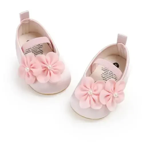 Myleleya Baby Girls Mary Jane Flats with Bowknot Flowers Princess Wedding Dress Ballet Shoes Non-Slip Toddler First Walkers Newborn Crib Shoes - 1