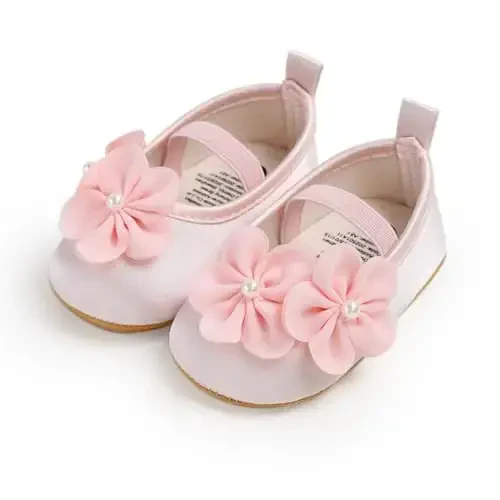 Myleleya Baby Girls Mary Jane Flats with Bowknot Flowers Princess Wedding Dress Ballet Shoes Non-Slip Toddler First Walkers Newborn Crib Shoes - 6