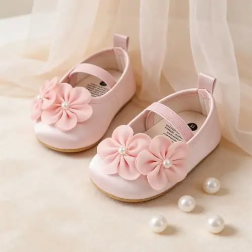Myleleya Baby Girls Mary Jane Flats with Bowknot Flowers Princess Wedding Dress Ballet Shoes Non-Slip Toddler First Walkers Newborn Crib Shoes - MYLELEYA (1)
