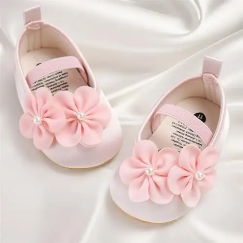 Myleleya Baby Girls Mary Jane Flats with Bowknot Flowers Princess Wedding Dress Ballet Shoes Non-Slip Toddler First Walkers Newborn Crib Shoes - 4