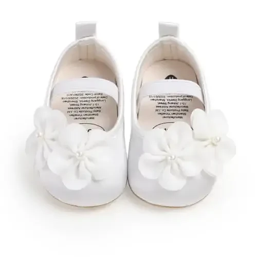 Myleleya Baby Girls Mary Jane Flats with Bowknot Flowers Princess Wedding Dress Ballet Shoes Non-Slip Toddler First Walkers Newborn Crib Shoes - 3
