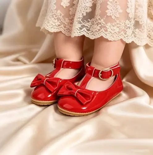 Myleleya Baby Girls Mary Jane Flats with Bowknot Flowers Princess Wedding Dress Ballet Shoes Non-Slip Toddler First Walkers Newborn Crib Shoes - 3