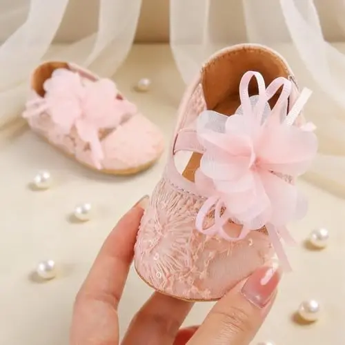Myleleya Baby Girls Mary Jane Flats with Bowknot Flowers Princess Wedding Dress Ballet Shoes Non-Slip Toddler First Walkers Newborn Crib Shoes - MYLELEYA (1)