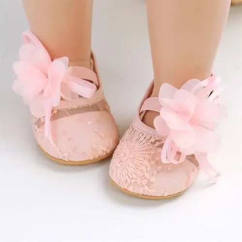Myleleya Baby Girls Mary Jane Flats with Bowknot Flowers Princess Wedding Dress Ballet Shoes Non-Slip Toddler First Walkers Newborn Crib Shoes - 3