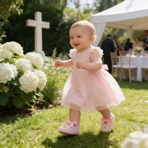 Myleleya Baby Girls Mary Jane Flats with Bowknot Flowers Princess Wedding Dress Ballet Shoes Non-Slip Toddler First Walkers Newborn Crib Shoes - MYLELEYA (1)