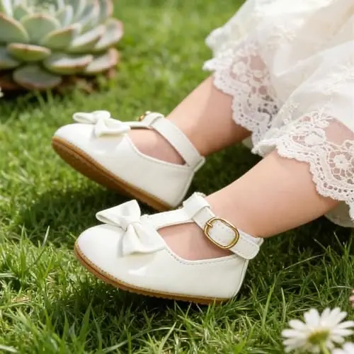 Myleleya Baby Girls Mary Jane kamonaklar, Bowknot gullari bilan bezatilgan malika to'y libosi balet poyafzallari, sirpanmaydigan chaqaloqning birinchi qadamlari, yangi tug'ilgan chaqaloqlar uchun krovat poyafzallari 