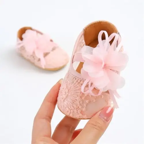 Myleleya Baby Girls Mary Jane Flats with Bowknot Flowers Princess Wedding Dress Ballet Shoes Non-Slip Toddler First Walkers Newborn Crib Shoes - 3