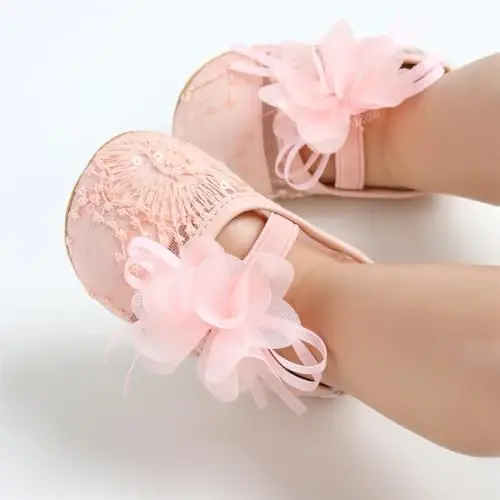 Myleleya Baby Girls Mary Jane Flats with Bowknot Flowers Princess Wedding Dress Ballet Shoes Non-Slip Toddler First Walkers Newborn Crib Shoes - 4