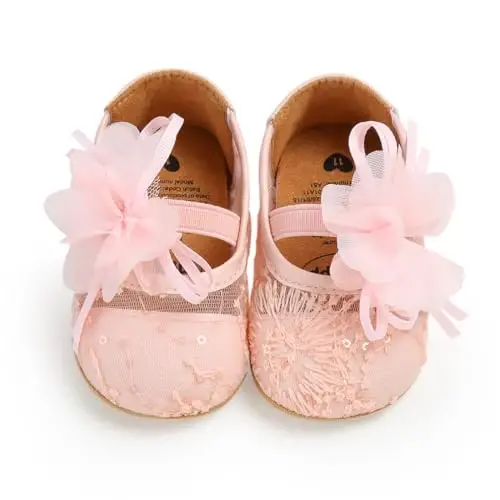 Myleleya Baby Girls Mary Jane Flats with Bowknot Flowers Princess Wedding Dress Ballet Shoes Non-Slip Toddler First Walkers Newborn Crib Shoes - 6