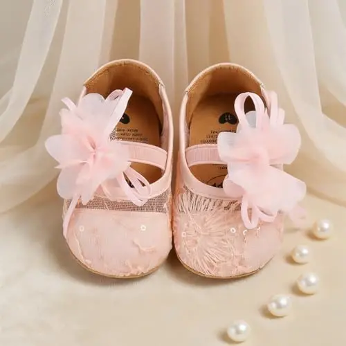 Myleleya Baby Girls Mary Jane Flats with Bowknot Flowers Princess Wedding Dress Ballet Shoes Non-Slip Toddler First Walkers Newborn Crib Shoes - 4