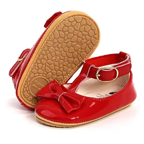 Myleleya Baby Girls Mary Jane Flats with Bowknot Flowers Princess Wedding Dress Ballet Shoes Non-Slip Toddler First Walkers Newborn Crib Shoes - 1