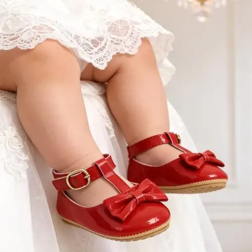 Myleleya Baby Girls Mary Jane Flats with Bowknot Flowers Princess Wedding Dress Ballet Shoes Non-Slip Toddler First Walkers Newborn Crib Shoes - MYLELEYA