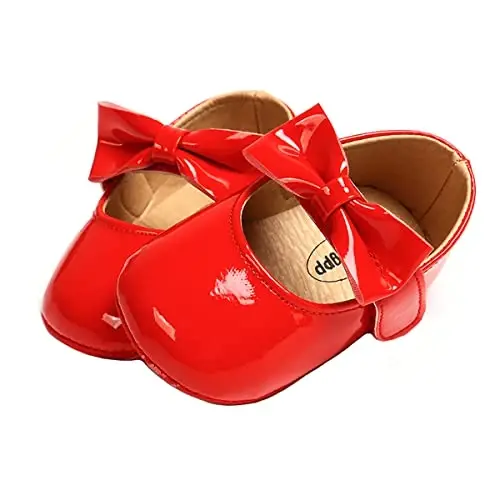 Myleleya Baby Girls Mary Jane Flats with Bowknot Flowers Princess Wedding Dress Ballet Shoes Non-Slip Toddler First Walkers Newborn Crib Shoes - 1