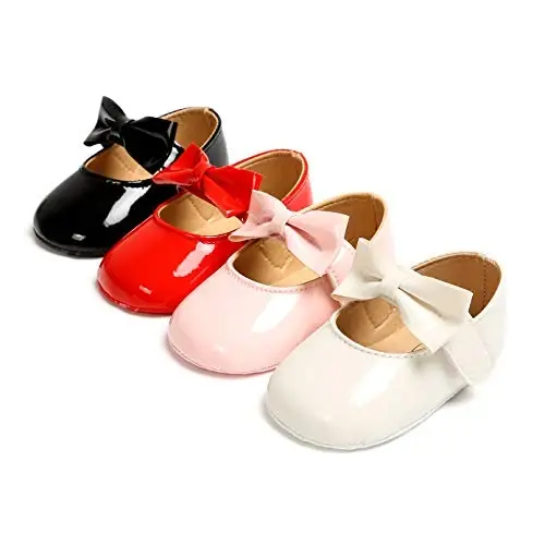 Myleleya Baby Girls Mary Jane Flats with Bowknot Flowers Princess Wedding Dress Ballet Shoes Non-Slip Toddler First Walkers Newborn Crib Shoes - 6