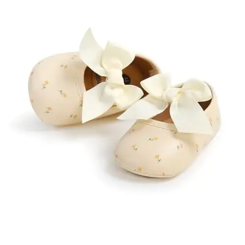 Myleleya Baby Girls Mary Jane Flats with Bowknot Flowers Princess Wedding Dress Ballet Shoes Non-Slip Toddler First Walkers Newborn Crib Shoes - 1