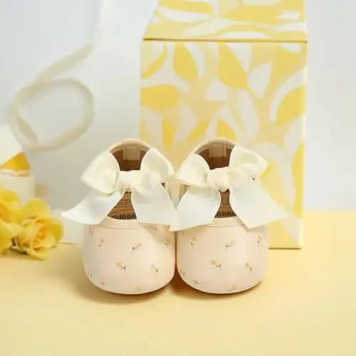 Myleleya Baby Girls Mary Jane Flats with Bowknot Flowers Princess Wedding Dress Ballet Shoes Non-Slip Toddler First Walkers Newborn Crib Shoes - 3