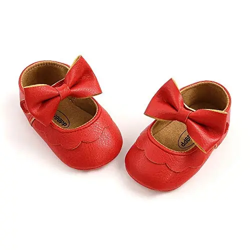 Myleleya Baby Girls Mary Jane Flats with Bowknot Flowers Princess Wedding Dress Ballet Shoes Non-Slip Toddler First Walkers Newborn Crib Shoes - 6