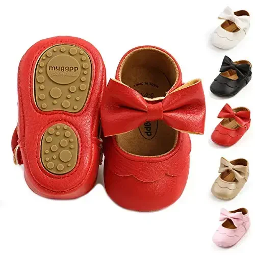 Myleleya Baby Girls Mary Jane Flats with Bowknot Flowers Princess Wedding Dress Ballet Shoes Non-Slip Toddler First Walkers Newborn Crib Shoes 