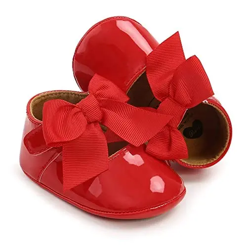 Myleleya Baby Girls Mary Jane Flats with Bowknot Flowers Princess Wedding Dress Ballet Shoes Non-Slip Toddler First Walkers Newborn Crib Shoes - 5