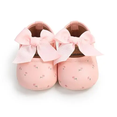 Myleleya Baby Girls Mary Jane Flats with Bowknot Flowers Princess Wedding Dress Ballet Shoes Non-Slip Toddler First Walkers Newborn Crib Shoes - MYLELEYA