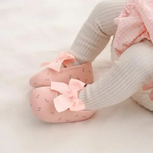 Myleleya Baby Girls Mary Jane Flats with Bowknot Flowers Princess Wedding Dress Ballet Shoes Non-Slip Toddler First Walkers Newborn Crib Shoes - 2