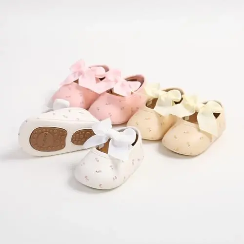 Myleleya Baby Girls Mary Jane Flats with Bowknot Flowers Princess Wedding Dress Ballet Shoes Non-Slip Toddler First Walkers Newborn Crib Shoes - 6